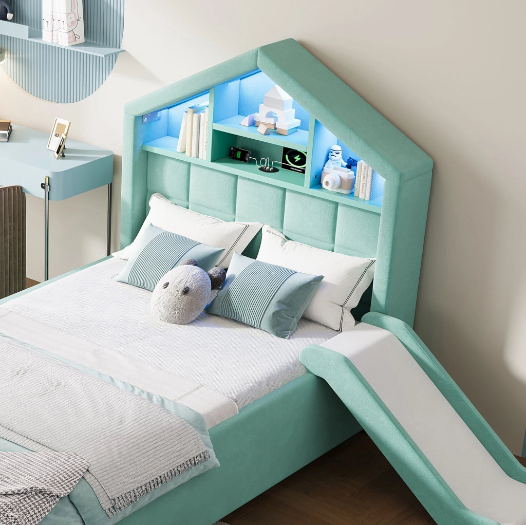 Letto bambini 90x200 cm blu verde imbottito con scivolo reversibile, illuminazione LED, porta di ricarica, ripiani e ampio contenitore sottoletto