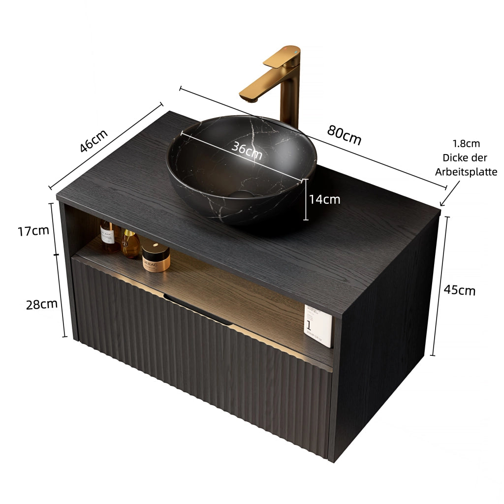 Mobile bagno sospeso con 1 cassetto e 1 vano aperto; lavabo in ceramica; LED con sensore e chiusura ammortizzata; nero 80×46×60.8 cm