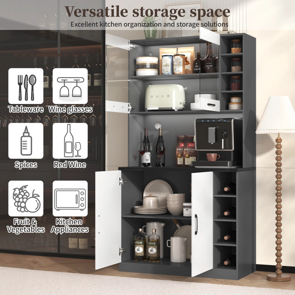 Mobile colonna da cucina con vano per microonde; ripiani regolabili e LED grigio e bianco 100 × 47 × 187 cm