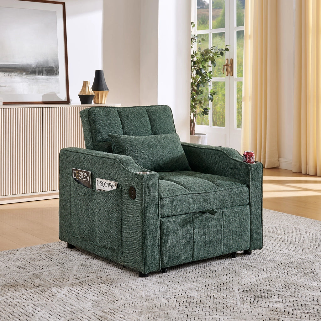 Poltrona letto 3 in 1 verde con USB; USB-C; portabevande e schienale regolabile