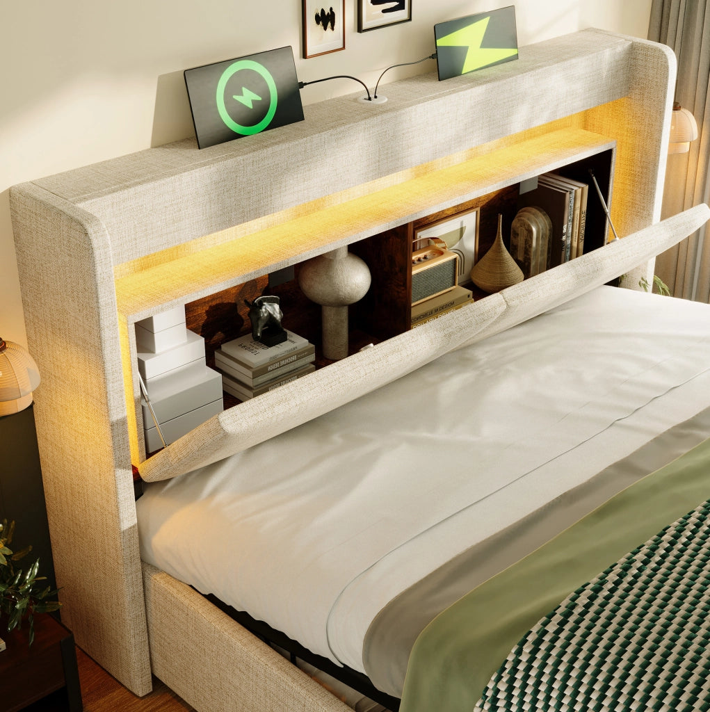 Letto imbottito beige 160x200 cm con contenitore idraulico, testiera con vano portaoggetti, illuminazione LED, porte USB e USB-C, rete a doghe e materasso incluso