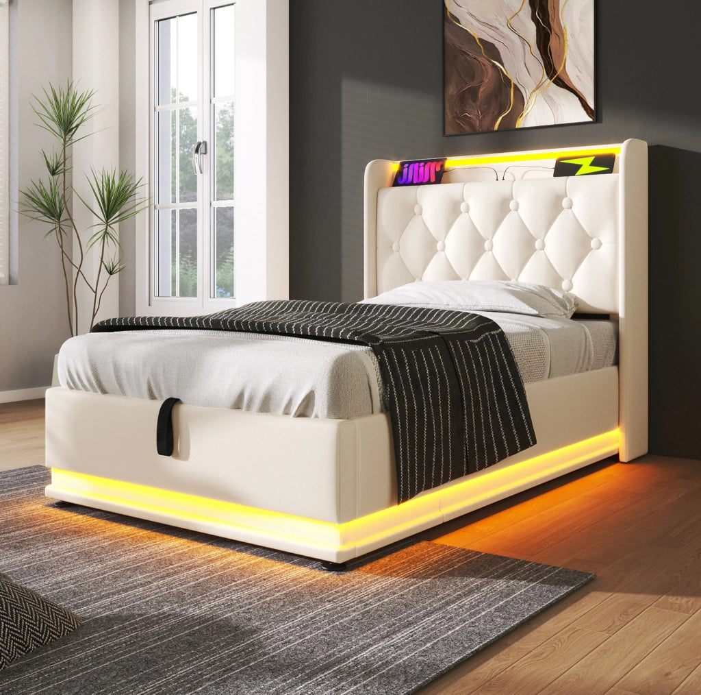 Letto singolo 90x200 cm bianco in PU con LED, contenitore e materasso