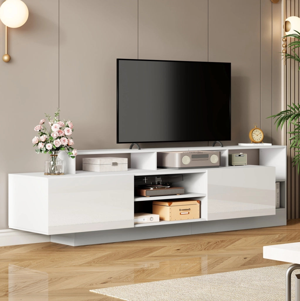 Mobile TV 190 cm bianco con LED; 2 ante a ribalta e vani a giorno HOMVRA
