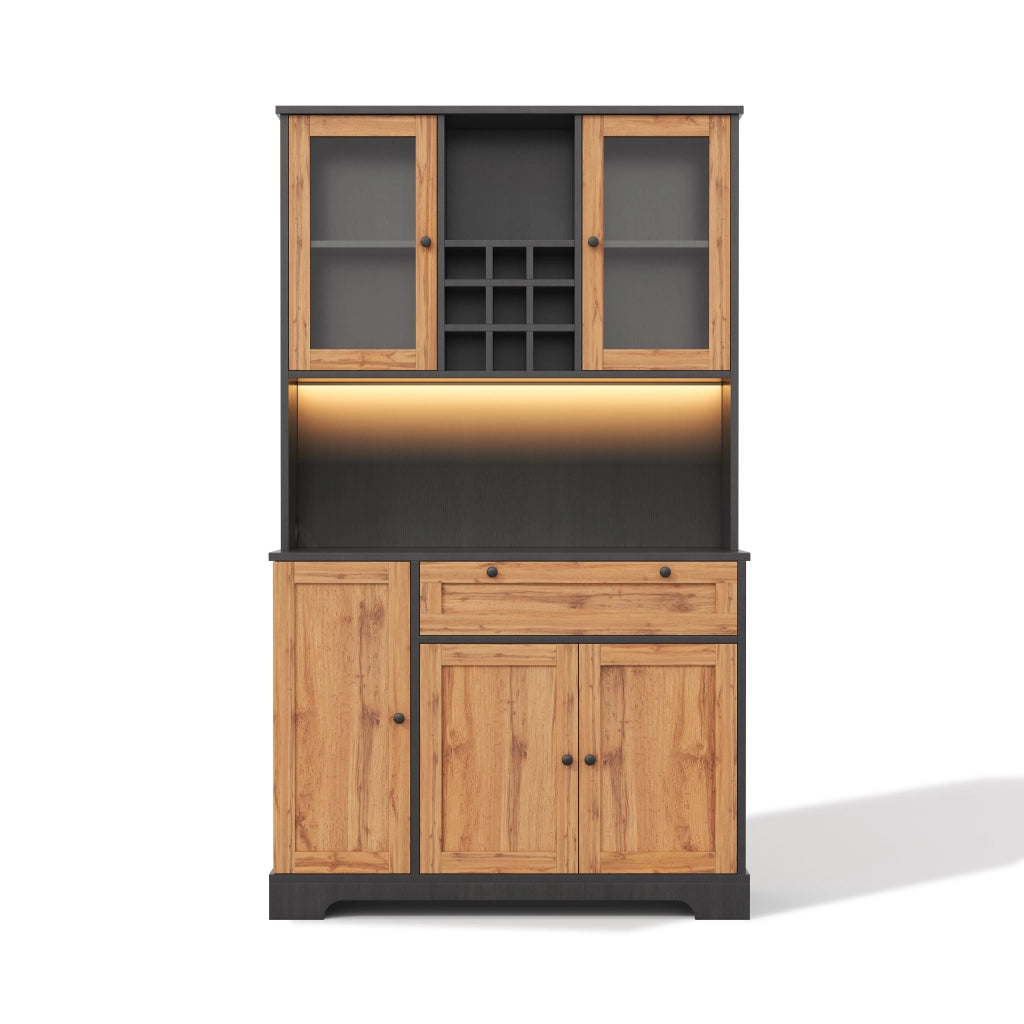 Mobile colonna da cucina con 5 ante; cassetto; ripiani regolabili; LED e prese nero naturale 180 × 105 × 40 cm