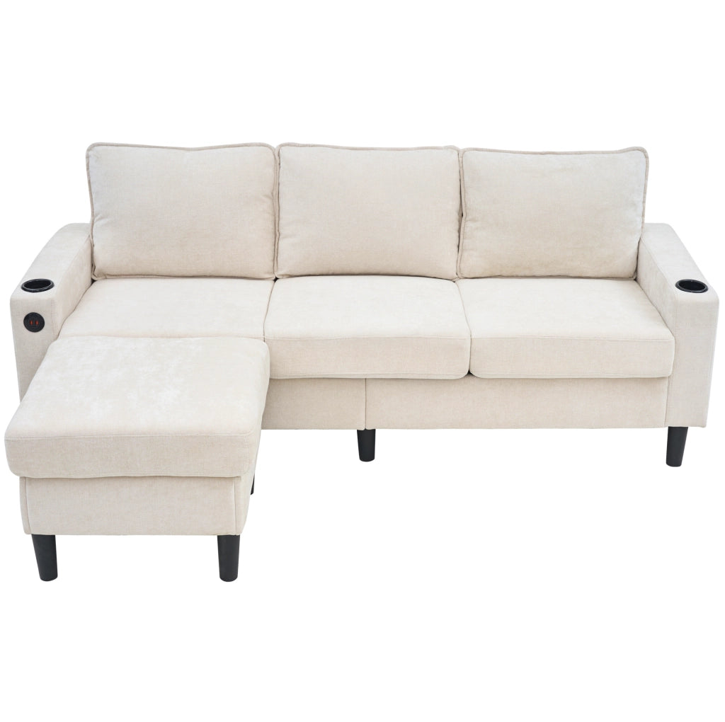 Divano 3 posti beige in lino con porte USB, Type-C, due portabicchieri e pouf modulabile