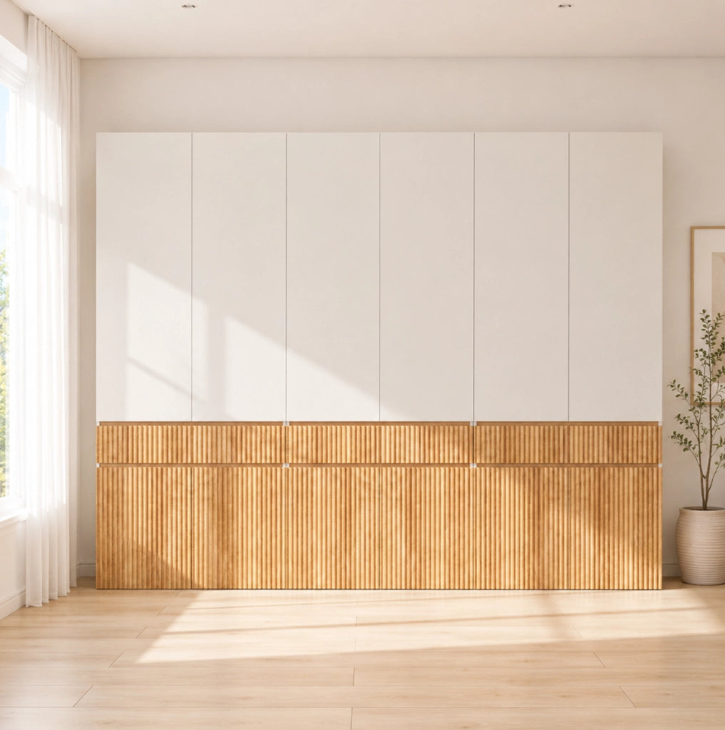 Armadio con ante battenti 270x50x200 cm, 12 porte, 3 appendiabiti e 3 cassetti, finitura quercia chiara