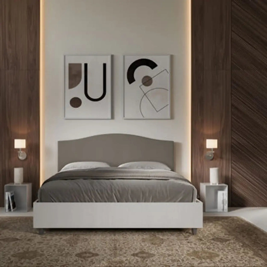 Letto matrimoniale contenitore 160x190 bianco frassino testata similpelle cappuccino Grace