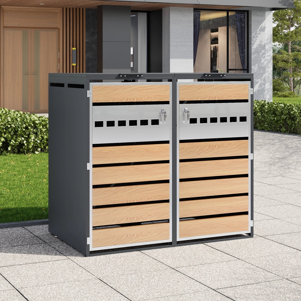 Box portabidoni a 2 scomparti con coperchi idraulici in acciaio zincato grigio effetto legno 132 × 80 × 118.5 cm