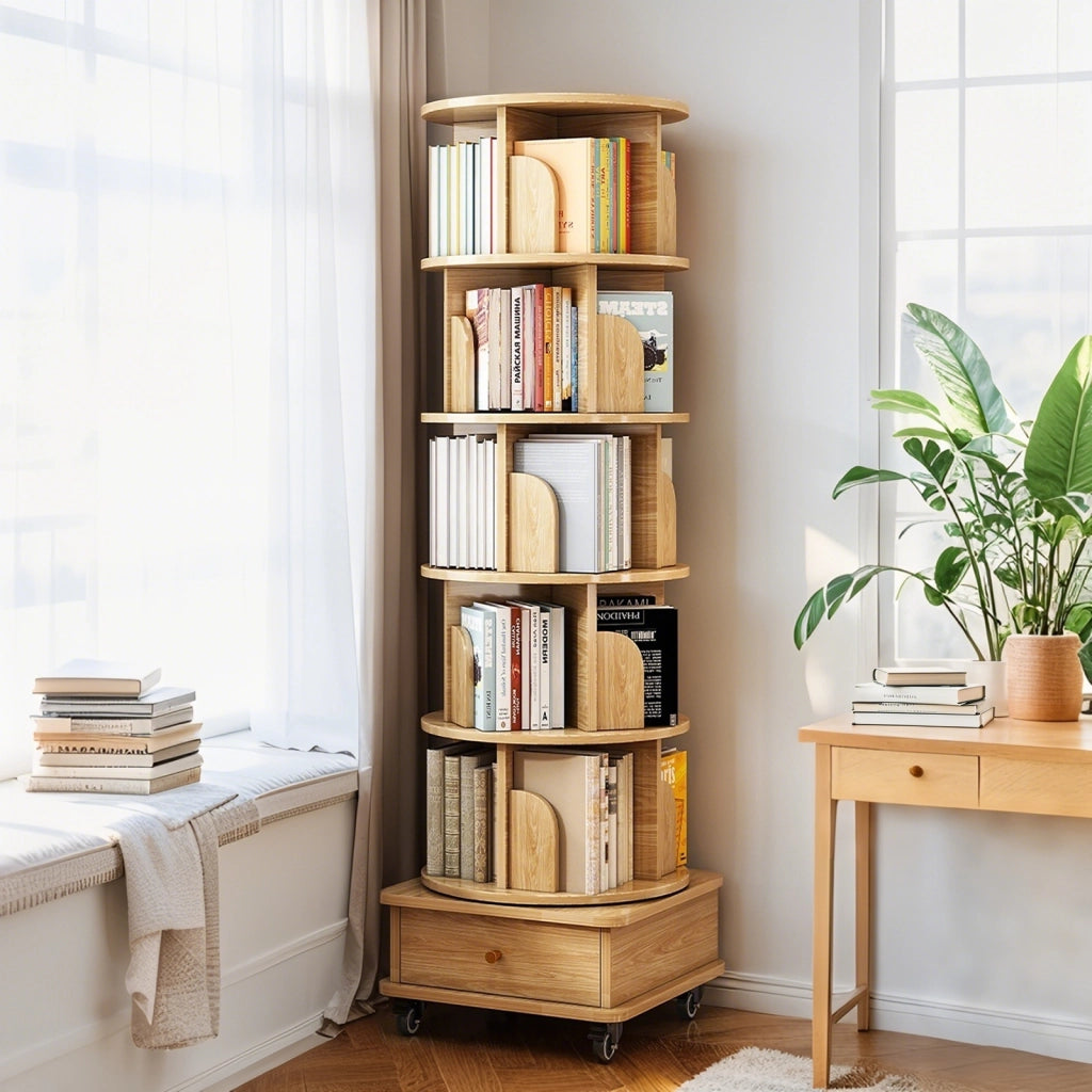 Libreria girevole 360° con rotelle e cassetto per piccoli spazi in MDF legno per soggiorno e camera da letto 58 × 56 × 29 cm