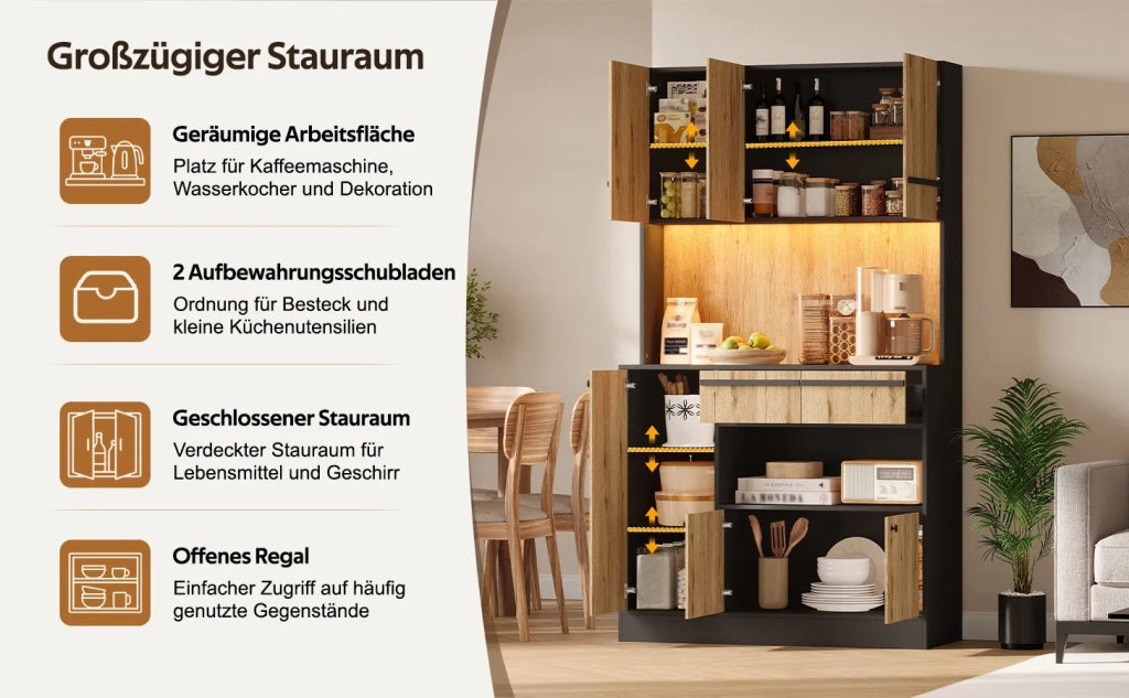 Armadio da cucina alto con illuminazione LED, 2 cassetti e ripiani regolabili, vetrina per soggiorno e sala da pranzo, 100x40x180 cm