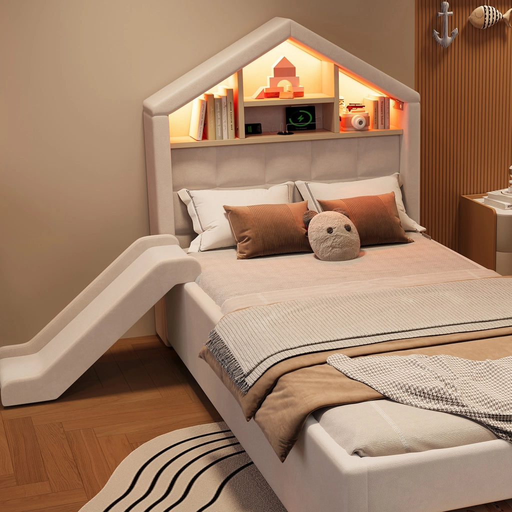 Letto per bambini imbottito 90 × 200 cm con scivolo montabile LED porta di ricarica e vano contenitore beige
