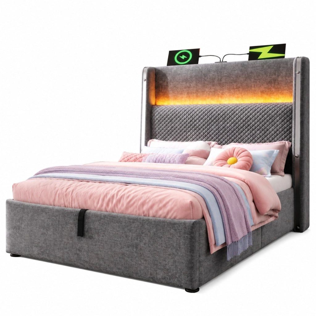 Letto singolo idraulico con testiera alta, LED e porte USB/Type-C