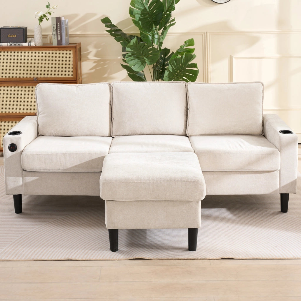 Divano 3 posti beige in lino con porte USB, Type-C, due portabicchieri e pouf modulabile