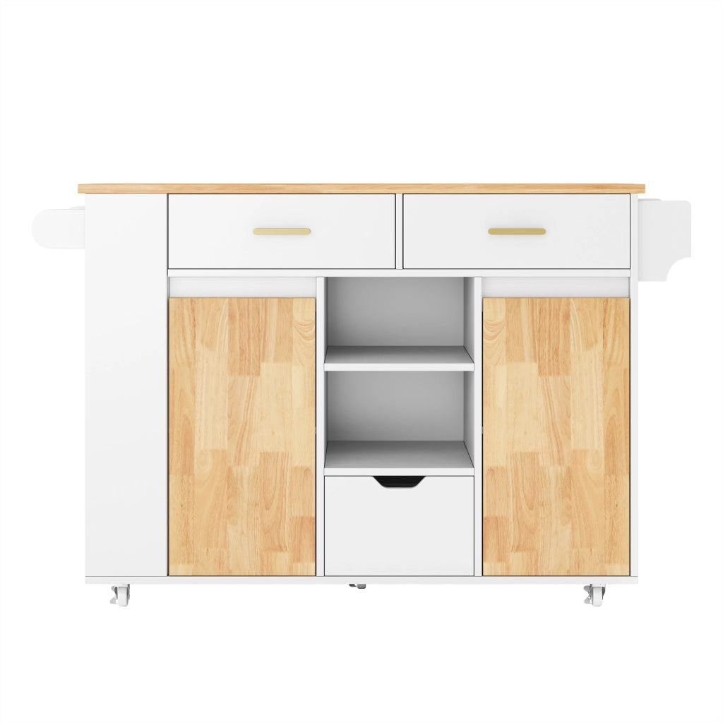 Isola da cucina mobile con piano ribaltabile; 3 cassetti e portaspezie a 3 livelli; bianco; 120x45(71)x90 cm