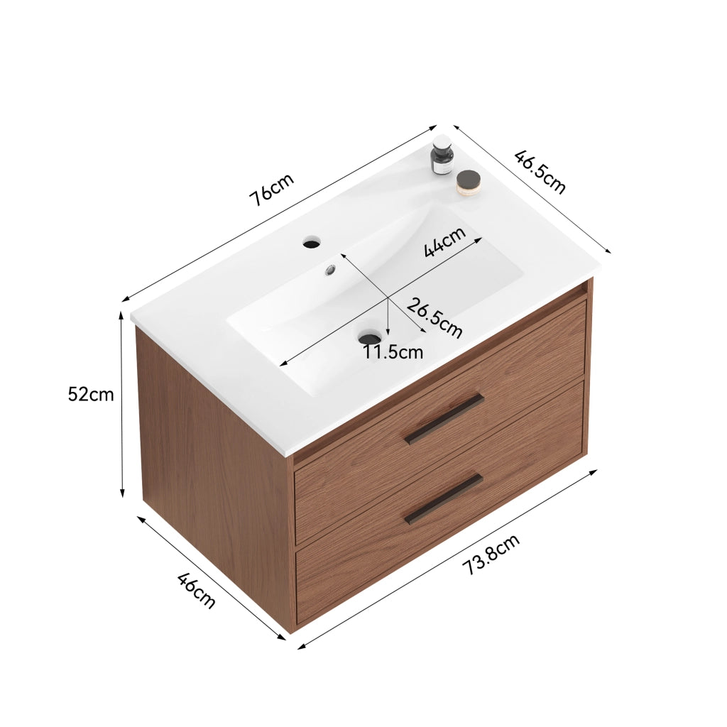Armadietto da bagno con 2 cassetti scorrevoli silenziosi in MDF marrone rossiccio larghezza 75 cm