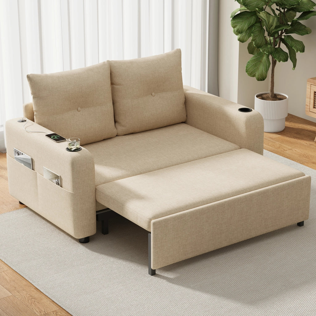 Divano letto estraibile 3 in 1 131x81x94 cm con USB, USB-C e portabevande beige