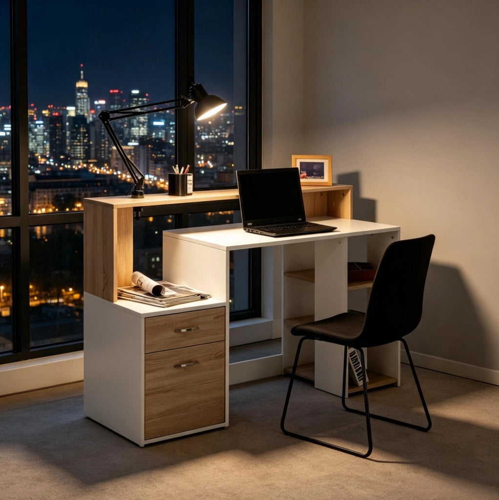 Scrivania compatta con cassetti e ripiani aperti in MDF e alluminio, 137x55x92 cm, ideale per studio e lavoro