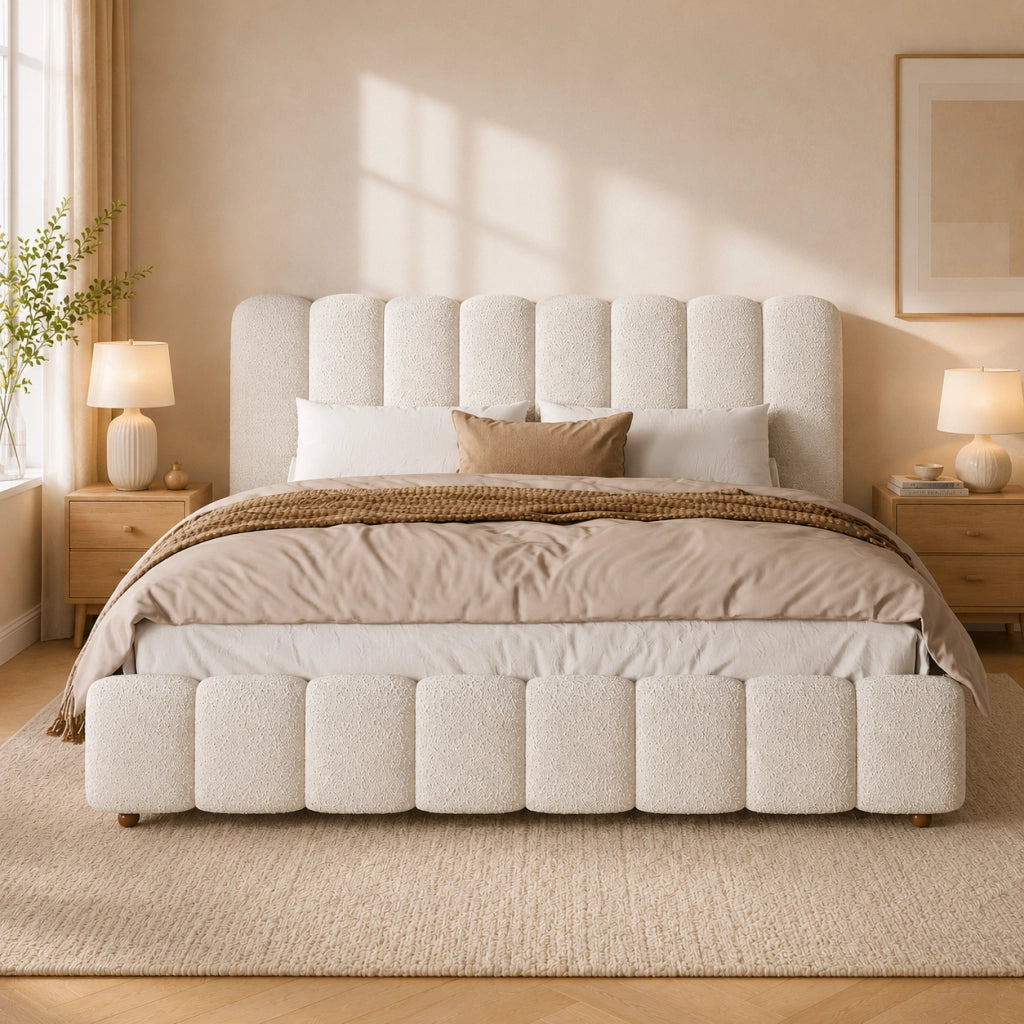 Letto matrimoniale 160 x 200 cm con rete a doghe, letto imbottito in boucl¨¦ bianco con testiera a pannelli verticali e piedi in legno massello