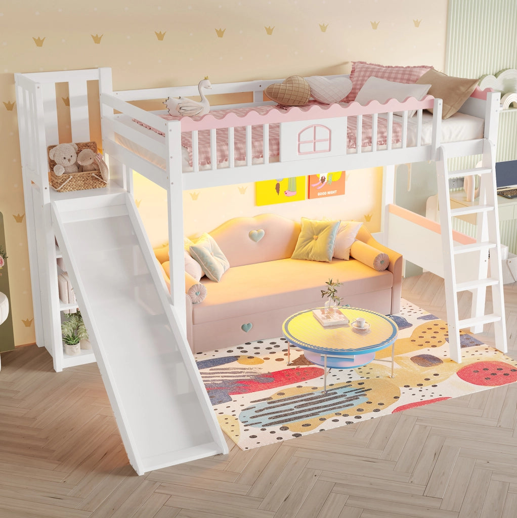 Letto a soppalco per bambini 90 x 200 cm con scivolo, LED e ripiani