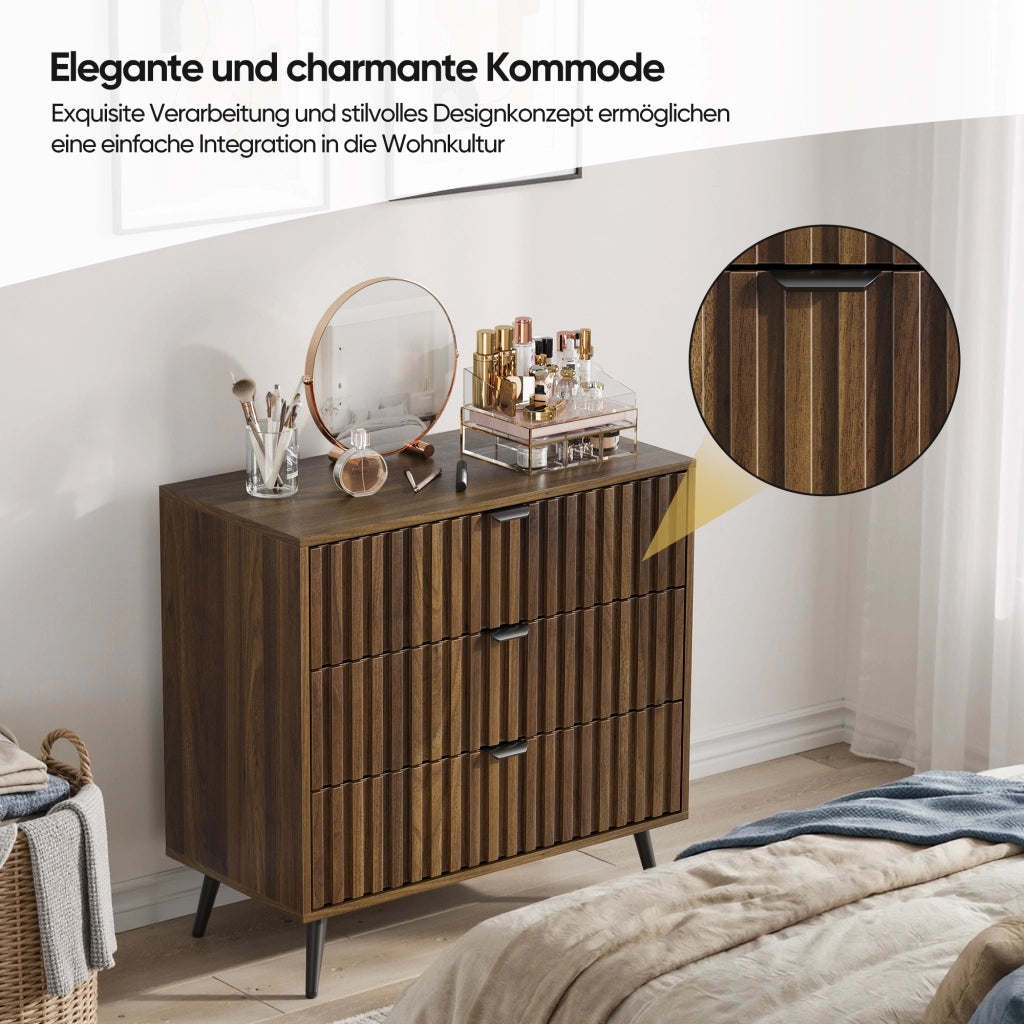 Cassettiera con 3 cassetti e guide metalliche, per camera da letto e soggiorno, in MDF noce, 80 × 39 × 78 cm