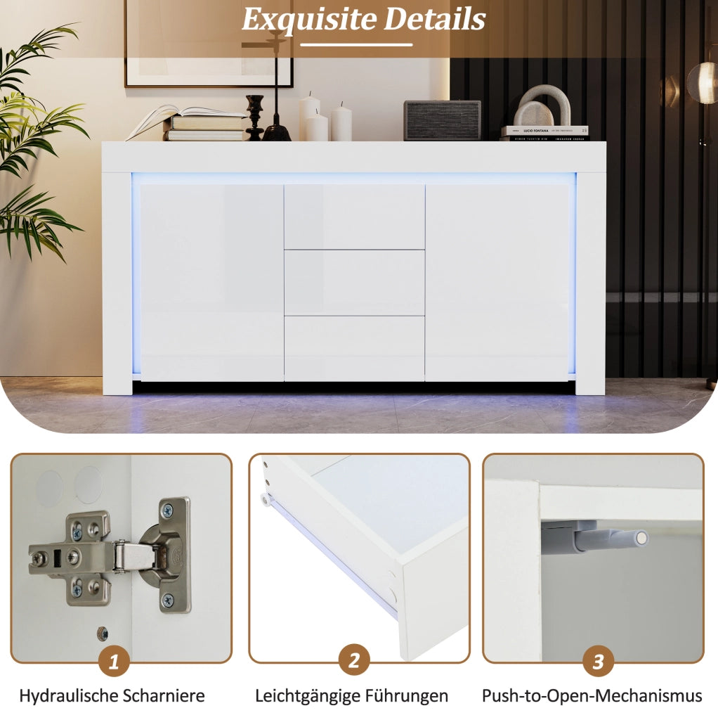 Credenza bianca lucida con 2 ante, 3 cassetti e LED
