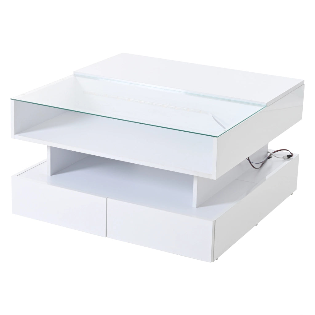 Tavolino da salotto elevabile con 2 cassetti, vani contenitore e luci LED, bianco lucido, 80 × 80 × 45 cm