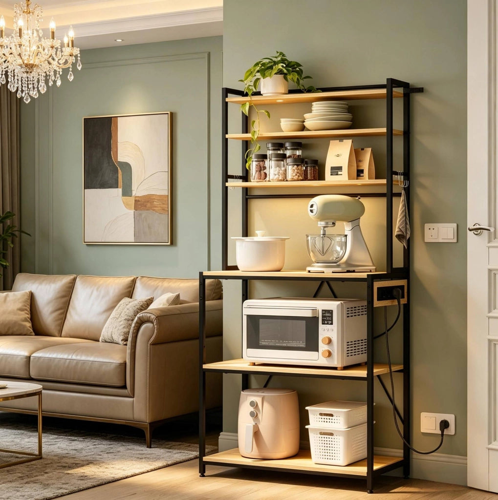 Scaffale da cucina con prese, 6 ripiani e ganci, rovere chiaro