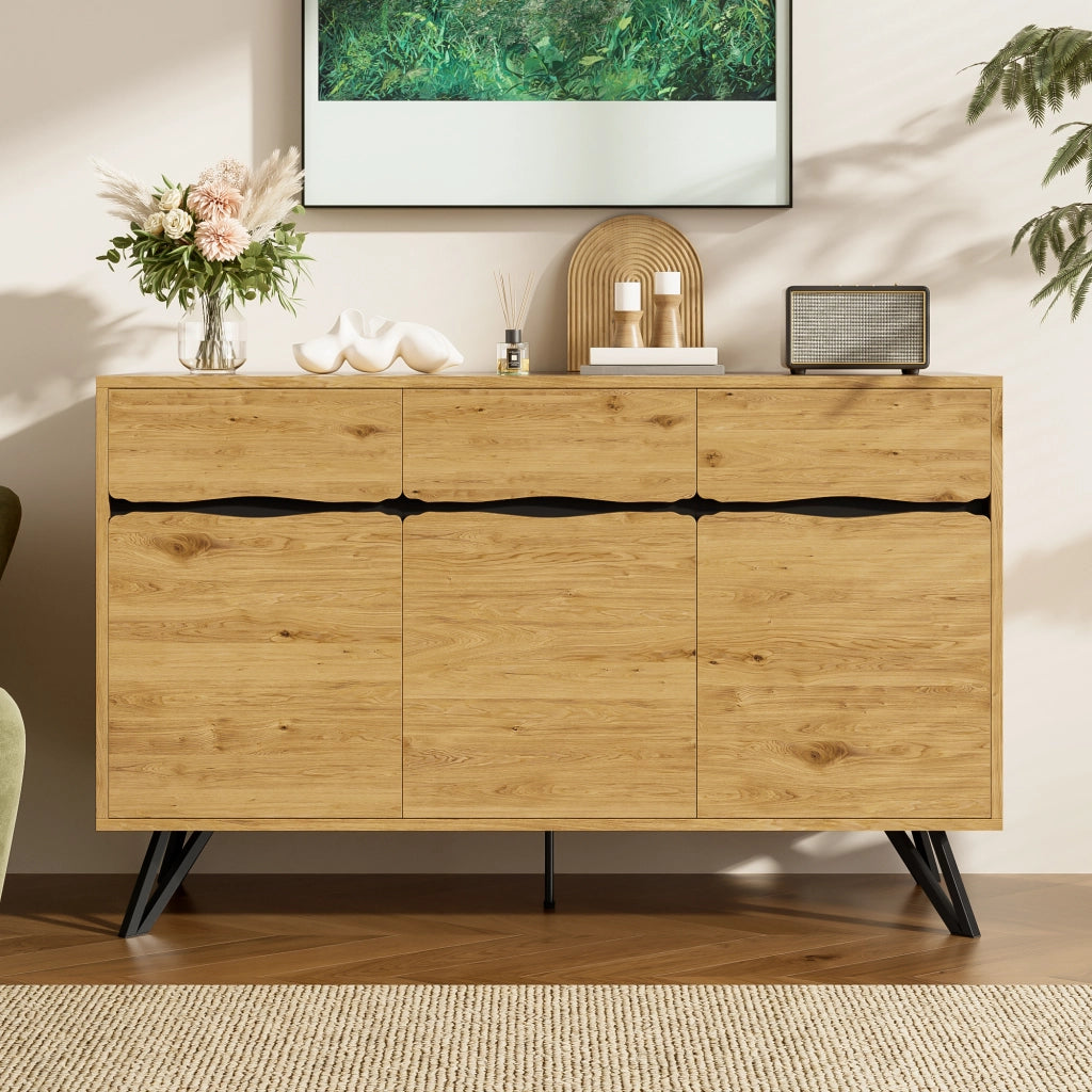 Credenza a 3 ante effetto legno con gambe in metallo nere per soggiorno e sala da pranzo 140 × 40 × 75.5 cm