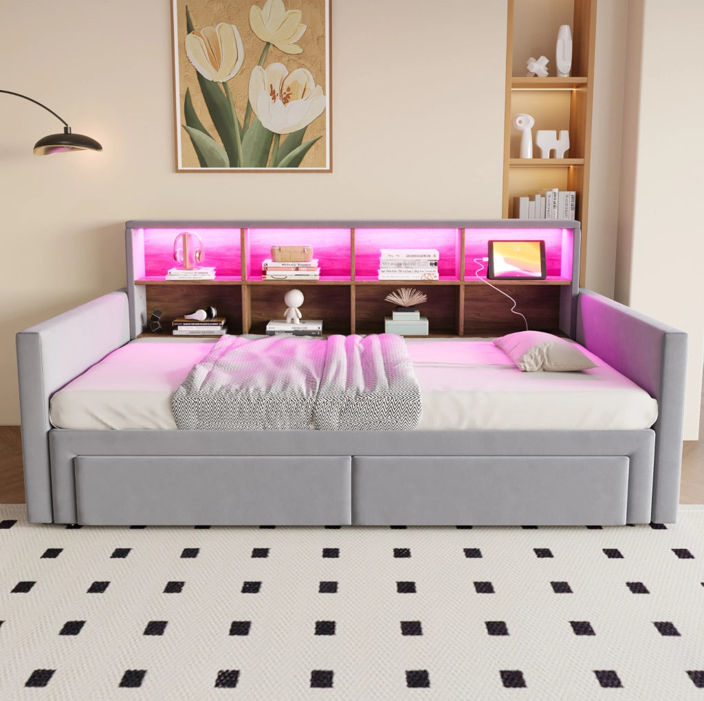 Divano letto imbottito estensibile con contenitore e luce LED