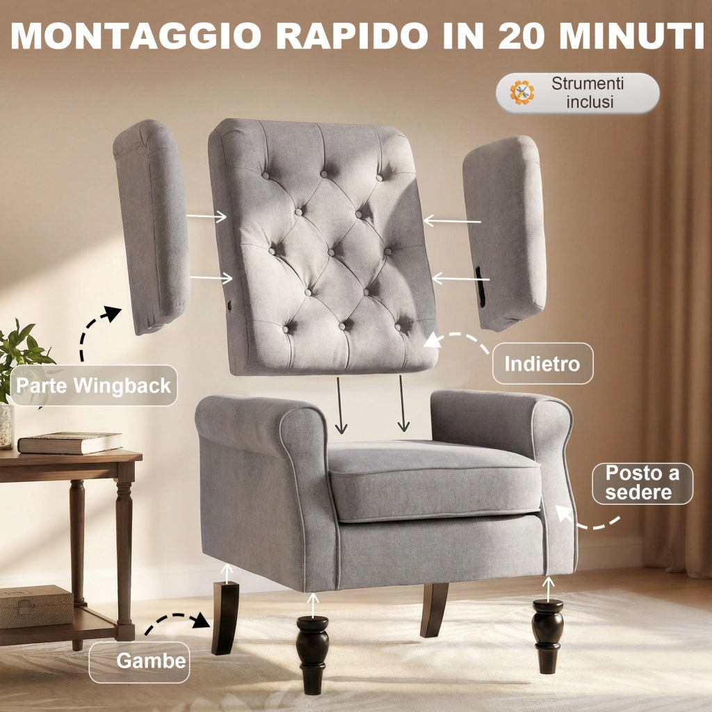 Poltrona Camera da Letto Imbottita con Braccioli ¨C Minimal ¨C Grigio, Gambe in Legno