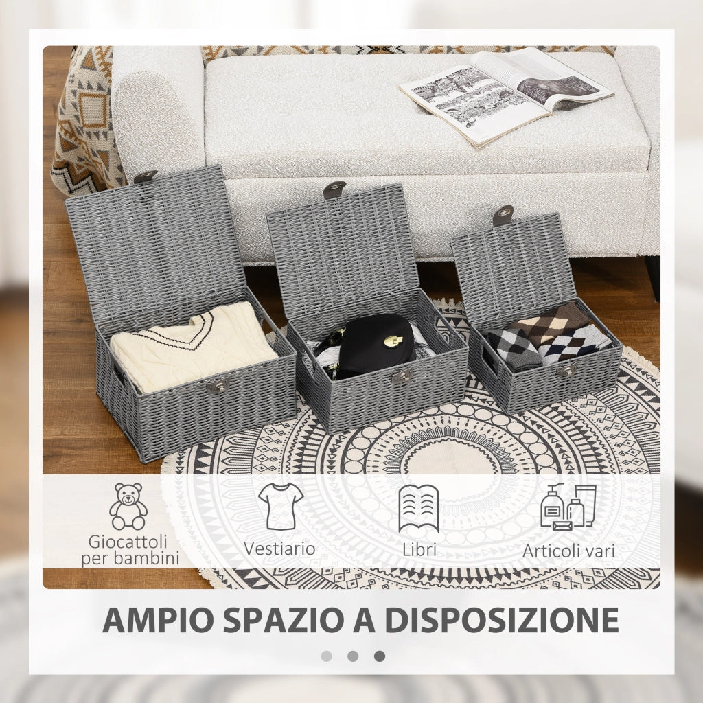 Set 3 Cesti in Vimini PP con Coperchio ¨C Zephmum ¨C Grigio, Diverse Dimensioni