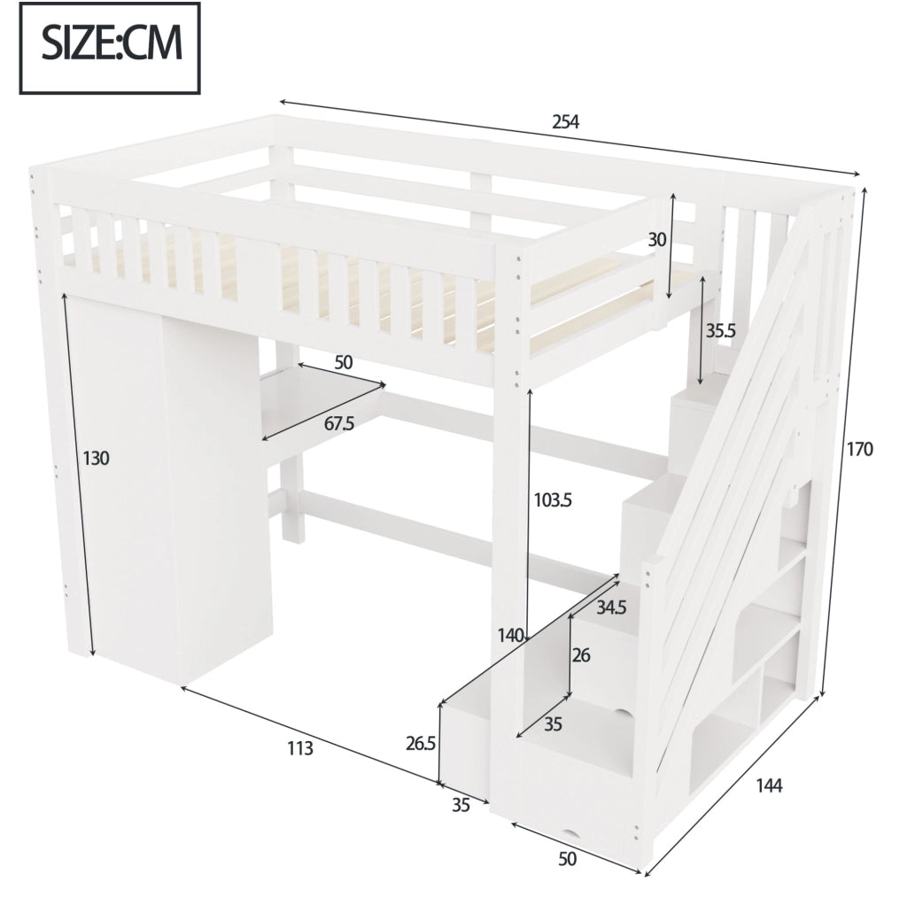 Letto a soppalco 140x200 cm multifunzione con scrivania; armadio e LED bianco HOMVRA