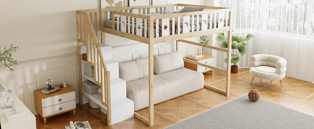 Letto a soppalco per bambini 140 × 200 cm con scala ripiani area divano e decorazioni luna e stelle in legno
