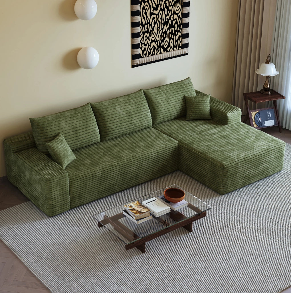Divano in tessuto verde 270x175x83 cm con imbottitura in schiuma elastica; apertura senza attrezzi