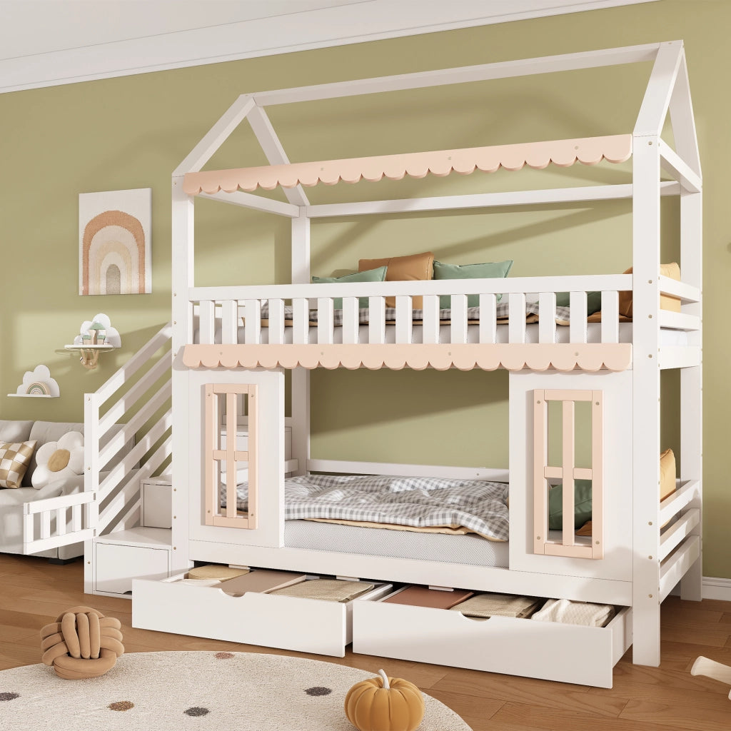 Letto a castello a casetta per bambini 90x200 cm in pino e MDF; bianco e naturale; con scala contenitore e 2 cassetti