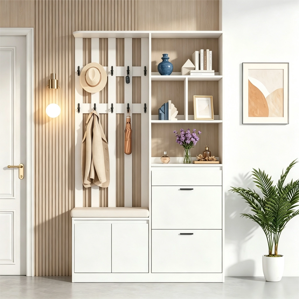Guardaroba da ingresso bianco in mdf 120x30x200 cm; mobile ingresso con panca imbottita; scarpiera a ribalta e 10 ganci