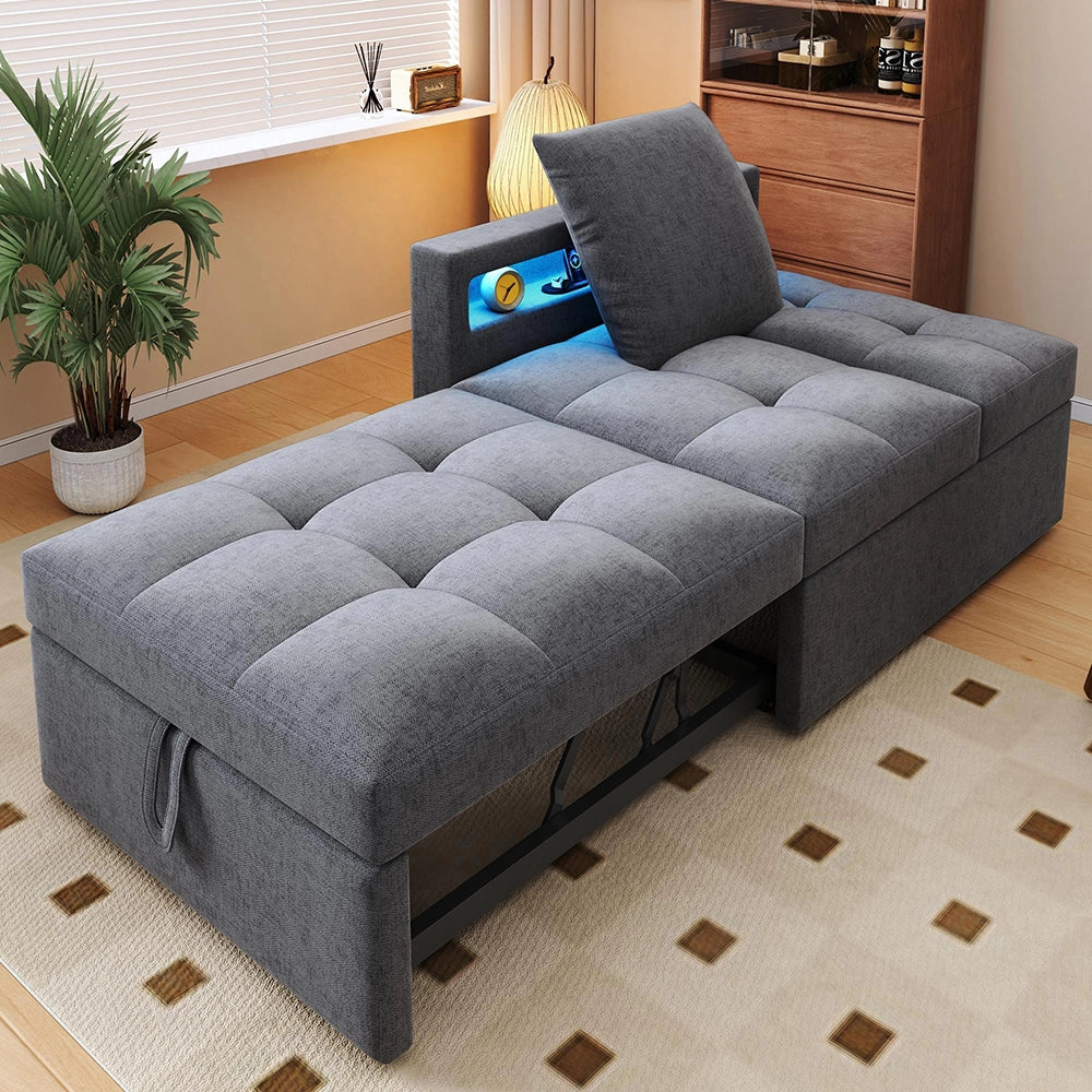 Divano letto 3 in 1 multifunzione - Xylo - tessuto lino, schienale regolabile, braccioli con LED e USB/Type-C