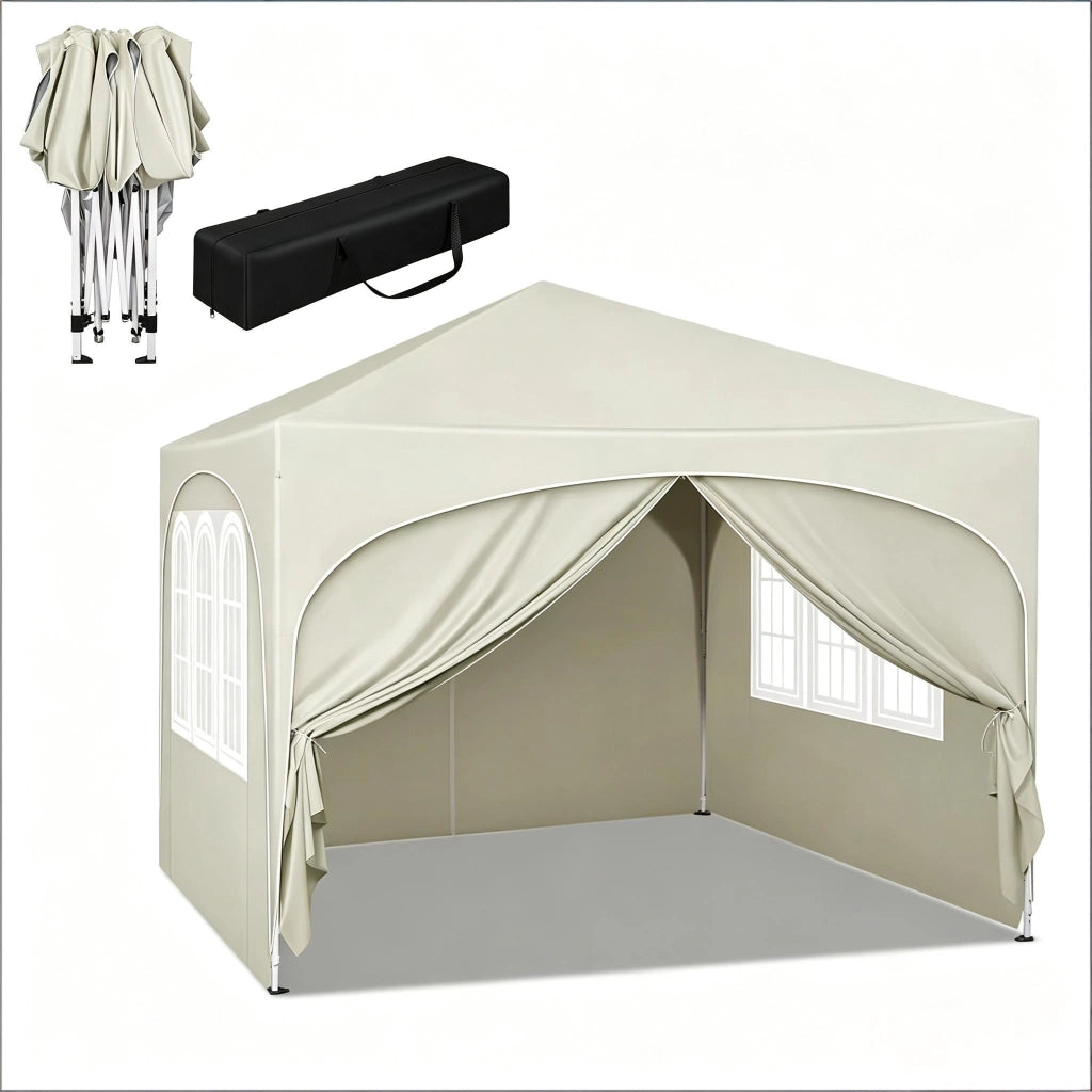 Gazebo pieghevole 3 × 3 m con 4 pareti rimovibili; tetto impermeabile anti-UV 50+; beige; con borsa
