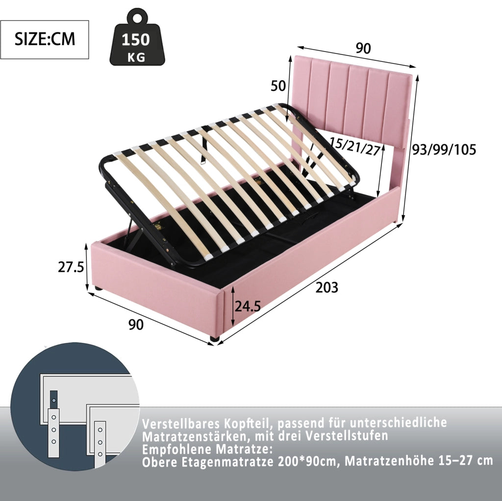 Letto imbottito singolo rosa 90x200 cm con contenitore idraulico