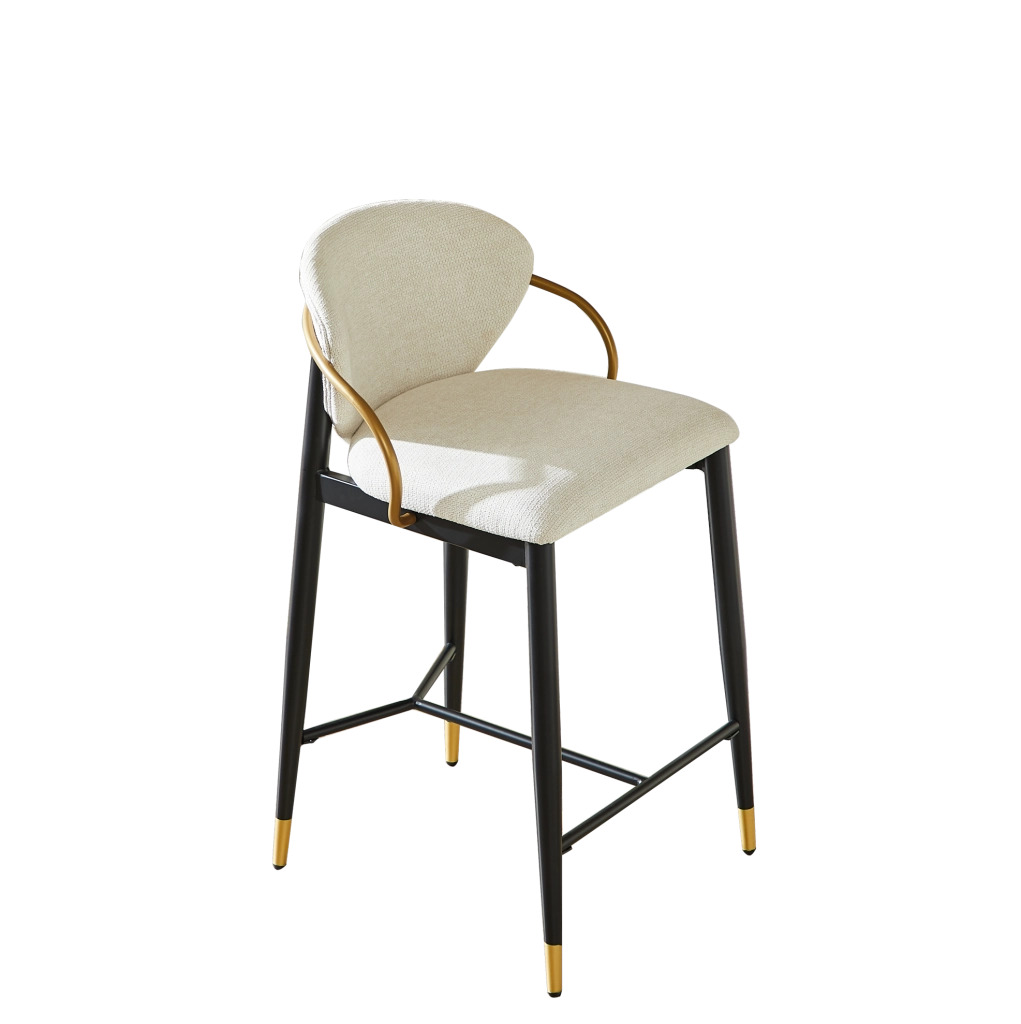 Set di 2 sgabelli da bar in ciniglia beige con schienale e poggiapiedi nero-oro HOMVRA