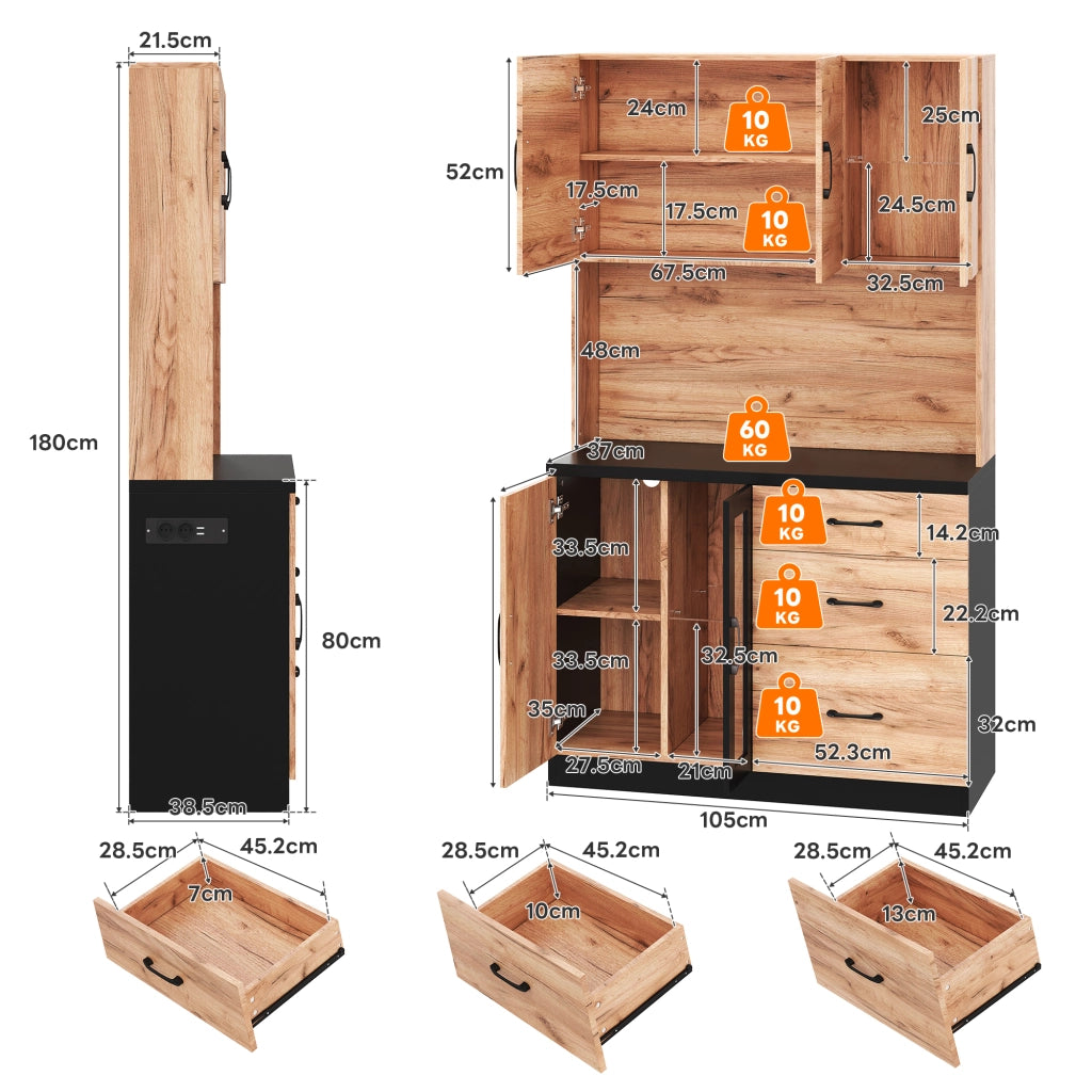 Credenza da cucina alta con 3 cassetti, vetrine, ripiani regolabili, LED e prese, MDF nero, 105 × 40 × 180 cm