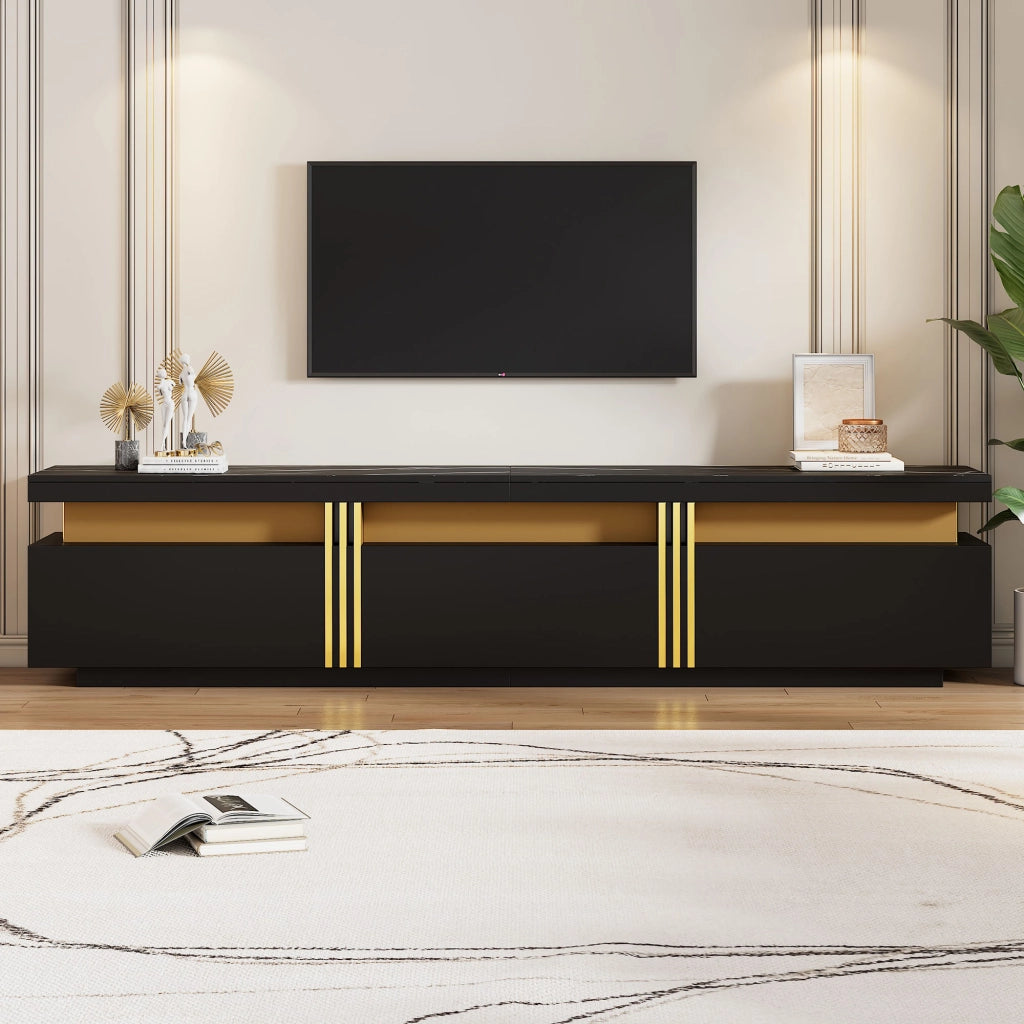 Mobile TV con 3 cassetti e passacavi, piano effetto marmo, per soggiorno, in truciolare nero, 200 × 40 × 42 cm