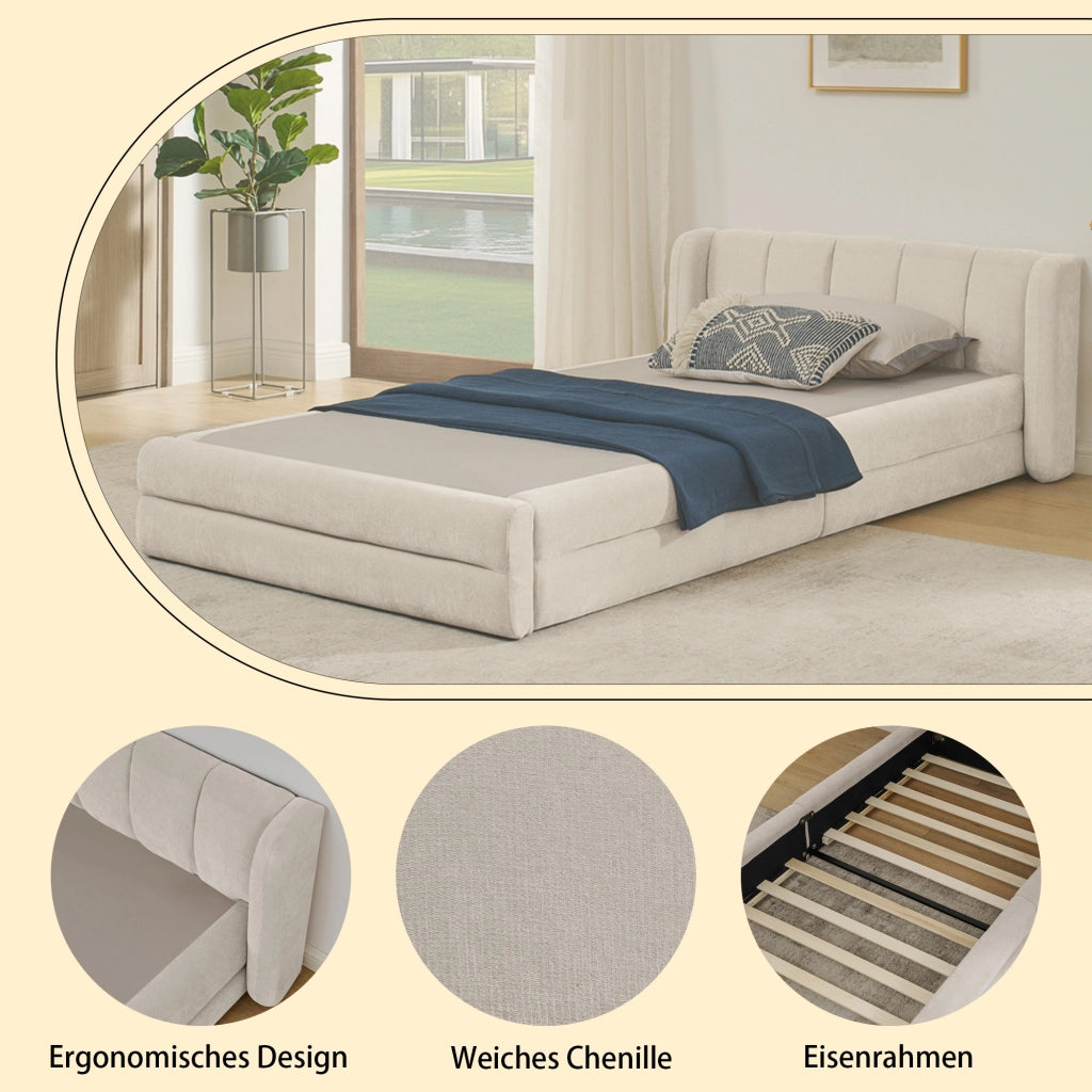 Letto 90 × 200 cm con testiera imbottita in ciniglia beige struttura rinforzata portata massima 200 kg senza materasso
