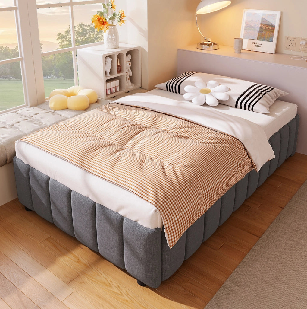 Letto imbottito 90 × 200 cm con contenitore idraulico; senza testiera né materasso; grigio