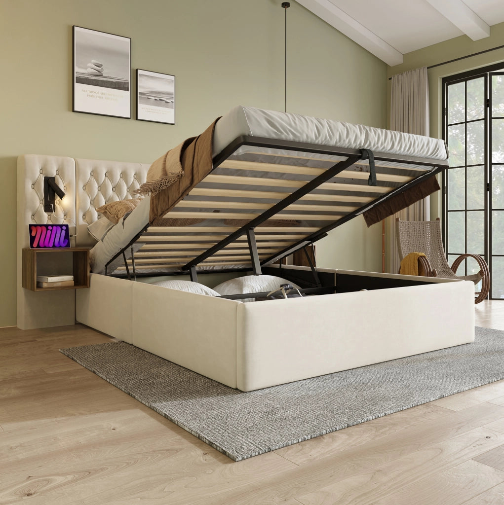 Letto contenitore 160 x 200 cm con comodini, luci e ricarica