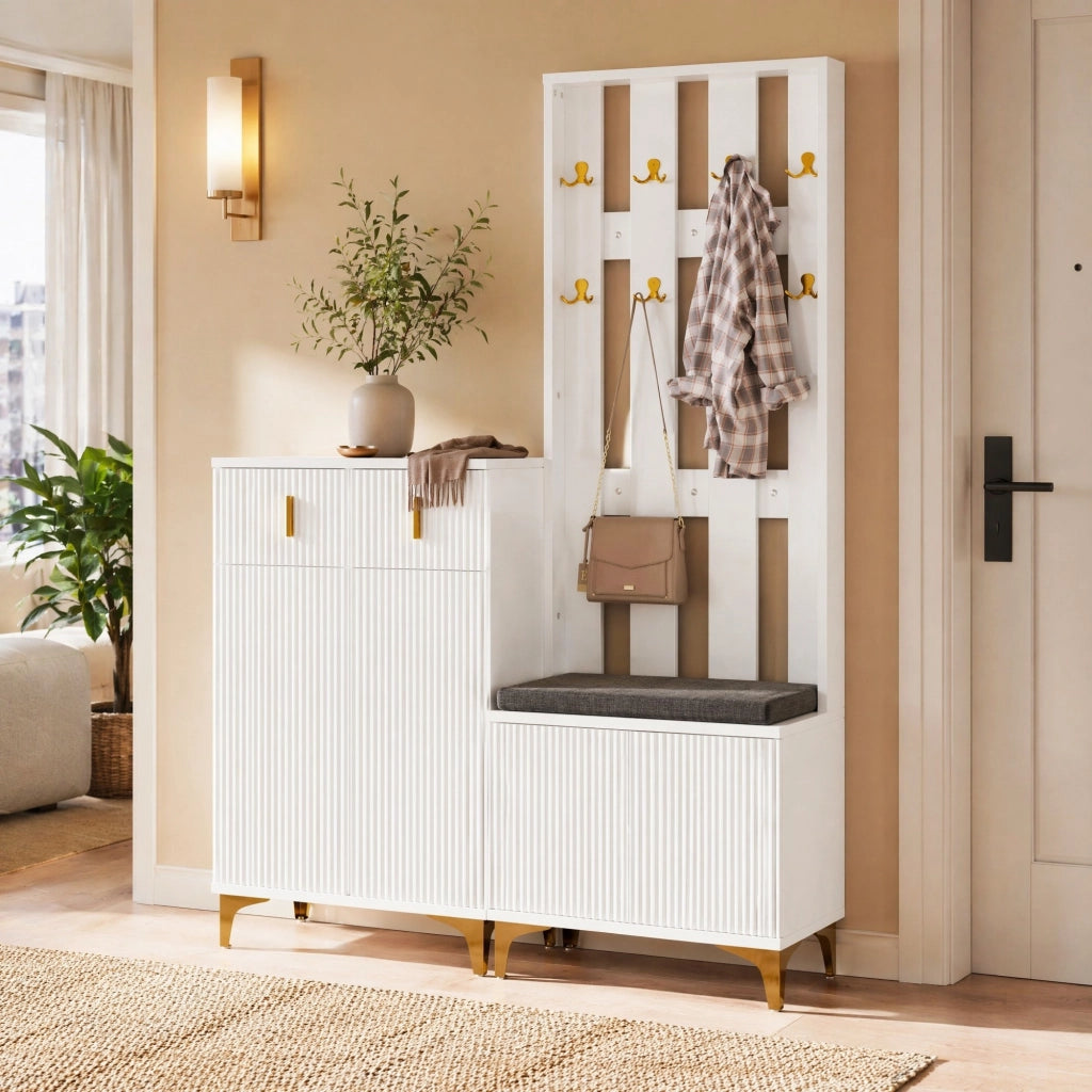 Set guardaroba bianco con scarpiera, appendiabiti e cuscino