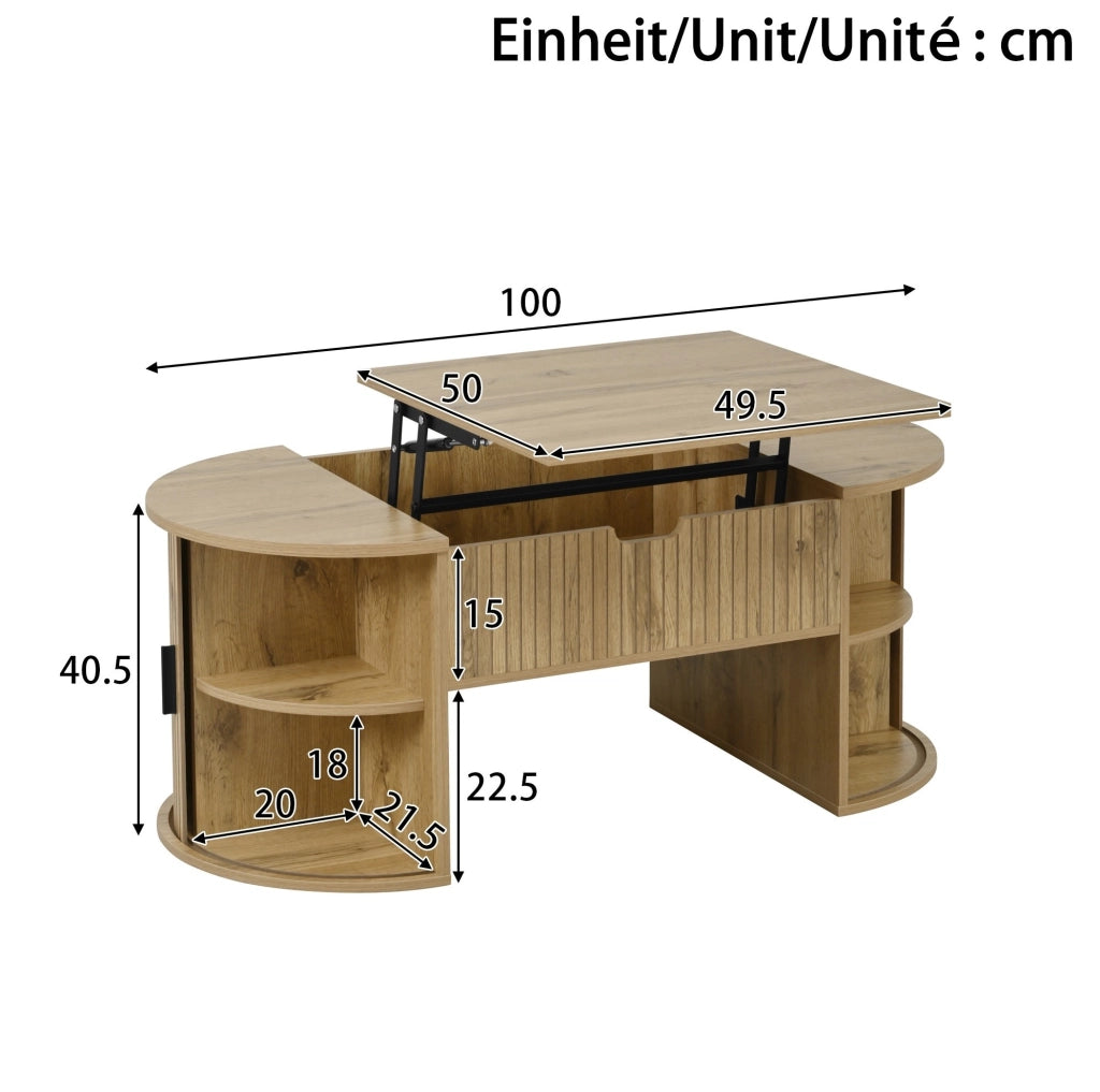 Tavolino da caffè sollevabile ovale 100 x 50 x 40;5 cm in MDF effetto rovere