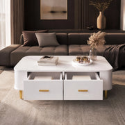 Tavolino da salotto moderno 105x51x38 cm in MDF bianco con 4 cassetti e dettagli oro