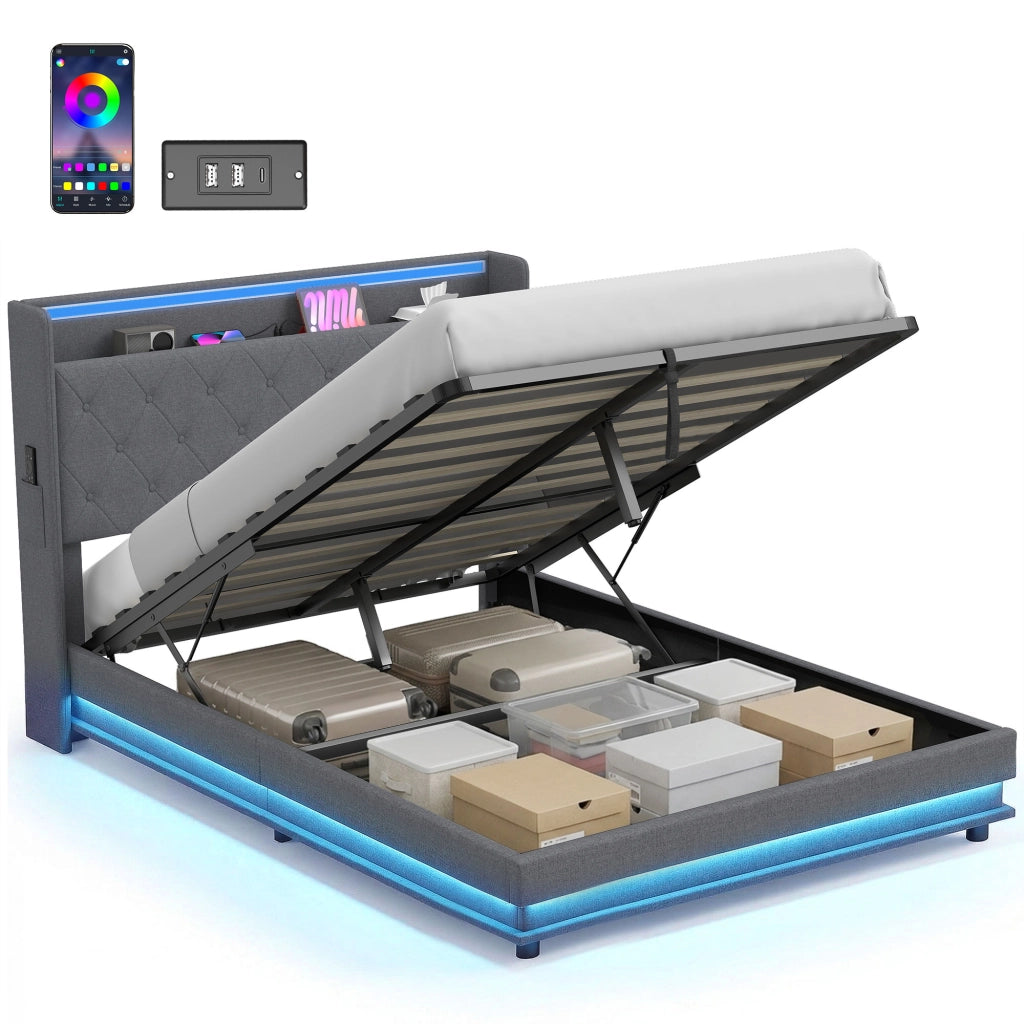 Letto contenitore matrimoniale imbottito 140x190 con LED e ricarica USB ¨C Xylo ¨C grigio tessuto