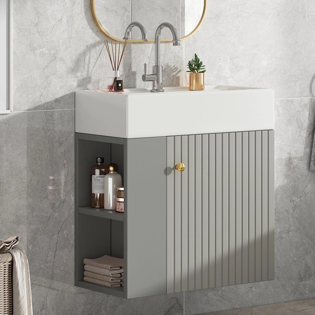 Mobiletto con lavabo in truciolato grigio e bianco con ripiani laterali e lavabo in ceramica 69 × 52 × 32 cm